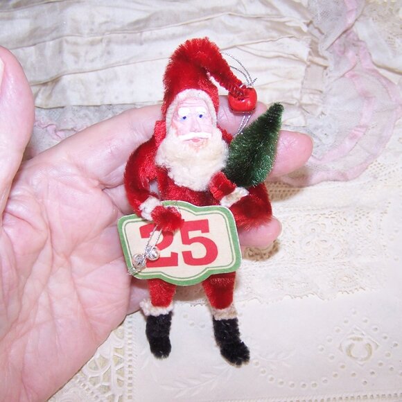 OOAK Christmas Chenille Ornament - Santa Claus Carrying Tree and Bells - Picture 3 of 5